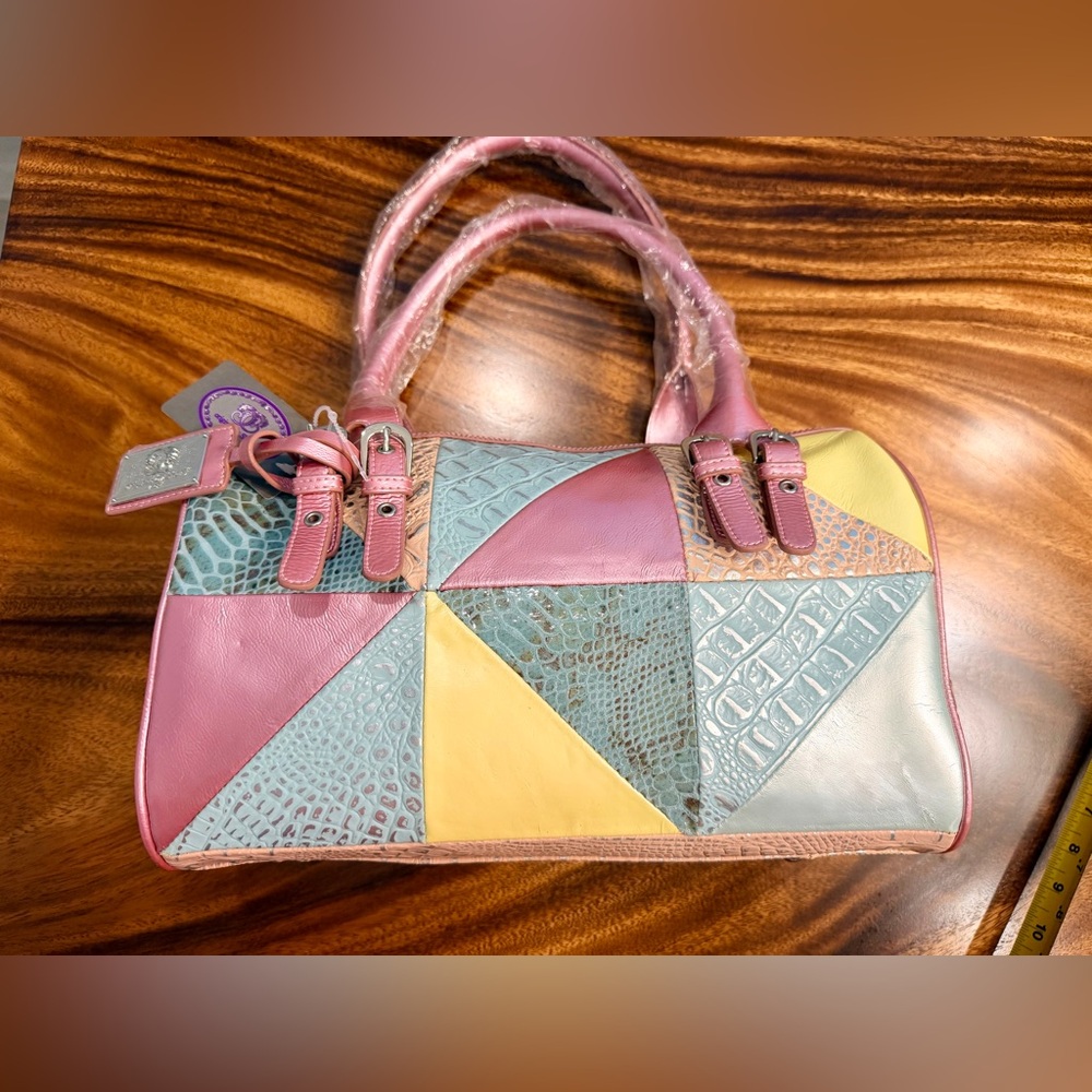 Sharif Multicolor Patchwork Leather Satchel - Coral, Yellow, Beige - Picture 16 of 16